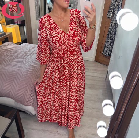 Bohemian casual print V-neck waist wrap long dress