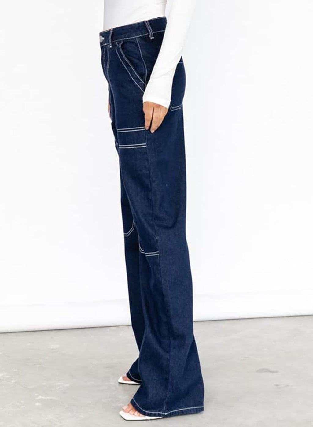 Dokotoo Women's Casual Mid Waist Cargo Jeans Stretch Wide Leg Denim Pants with Pockets