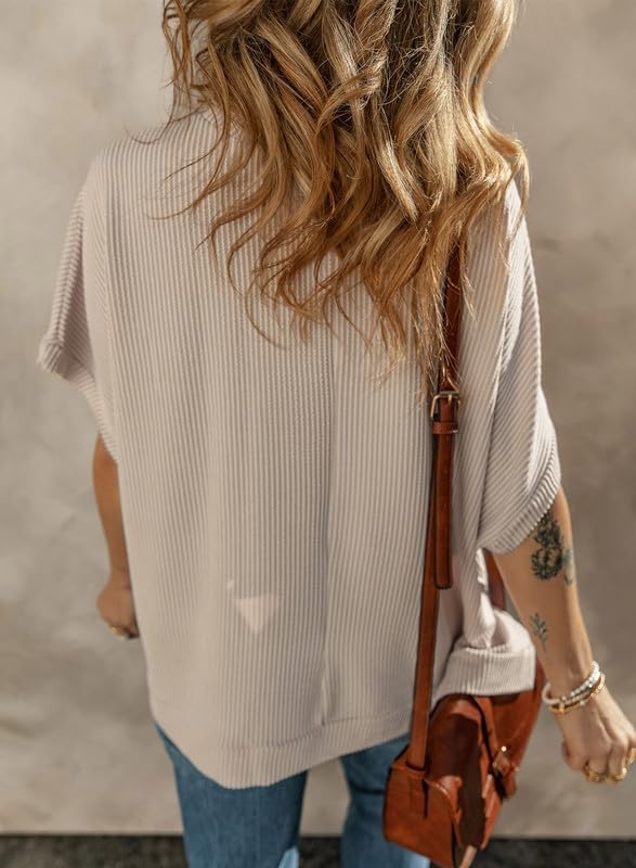 Dokotoo Women's Casual Oversized Short Sleeve Solid Color Loose Texture Knit Tunic Tops Blouses