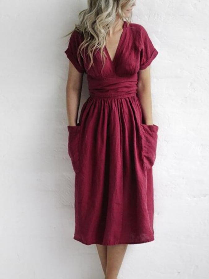 Linen Solid Lace Up Dress