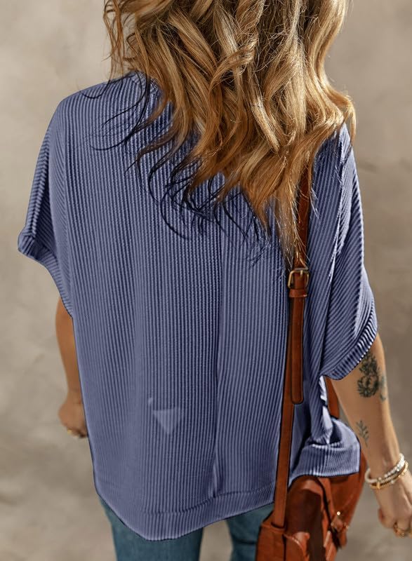 Dokotoo Women's Casual Oversized Short Sleeve Solid Color Loose Texture Knit Tunic Tops Blouses