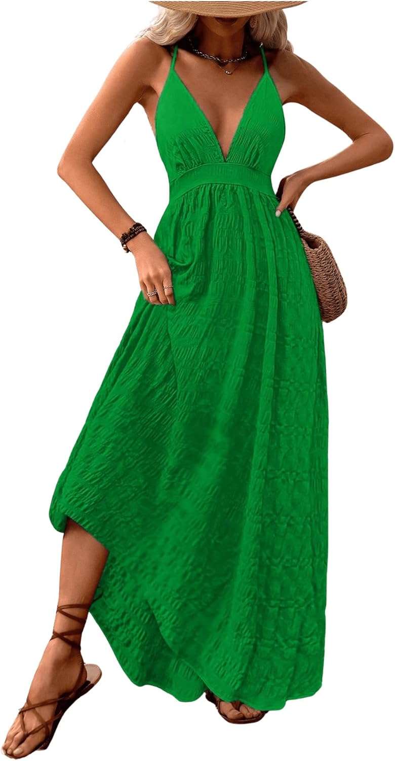 MakeMeChic Women's Boho V Neck Sleeveless Maxi Sundress Floral Print Criss Cross Backless Flare Cami Dress