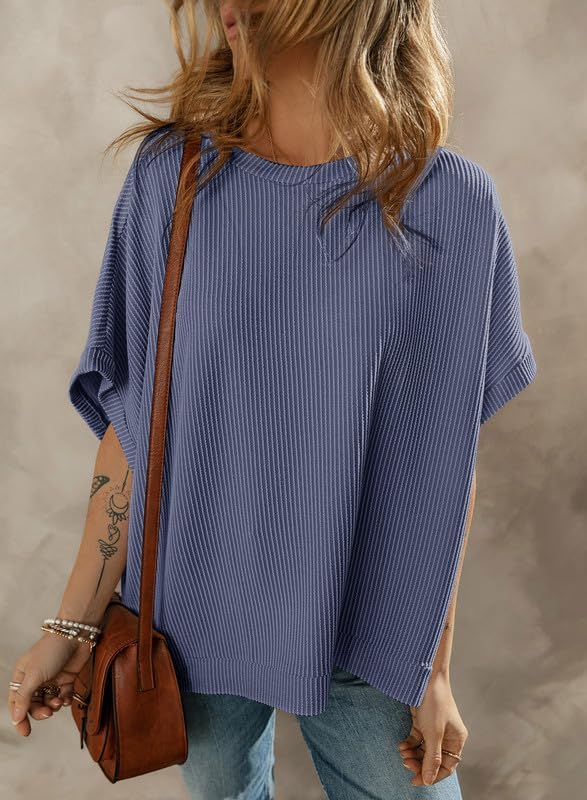 Dokotoo Women's Casual Oversized Short Sleeve Solid Color Loose Texture Knit Tunic Tops Blouses