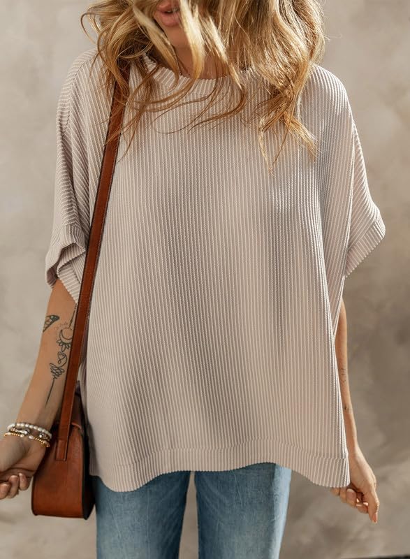 Dokotoo Women's Casual Oversized Short Sleeve Solid Color Loose Texture Knit Tunic Tops Blouses