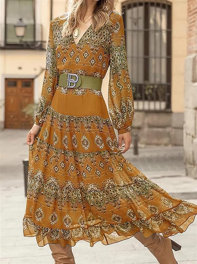 Women's Flowy Ethnic Puff Long Sleeve Midi Dress Casual Boho Floral Swing V-Neck Vacation Ruffle Dress with Belt