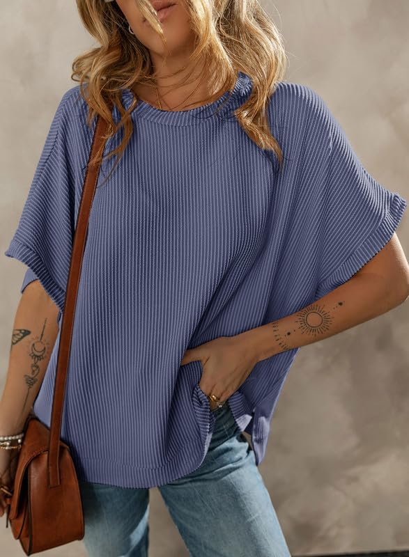 Dokotoo Women's Casual Oversized Short Sleeve Solid Color Loose Texture Knit Tunic Tops Blouses