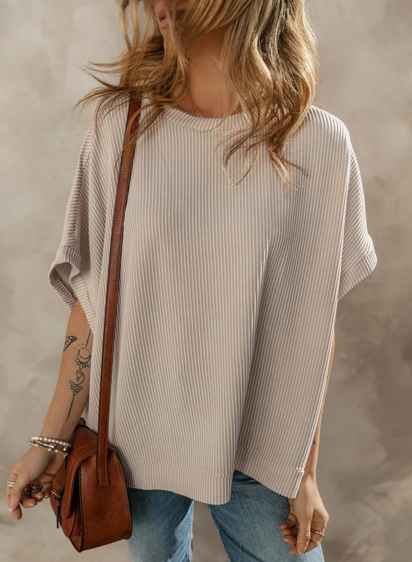 Dokotoo Women's Casual Oversized Short Sleeve Solid Color Loose Texture Knit Tunic Tops Blouses