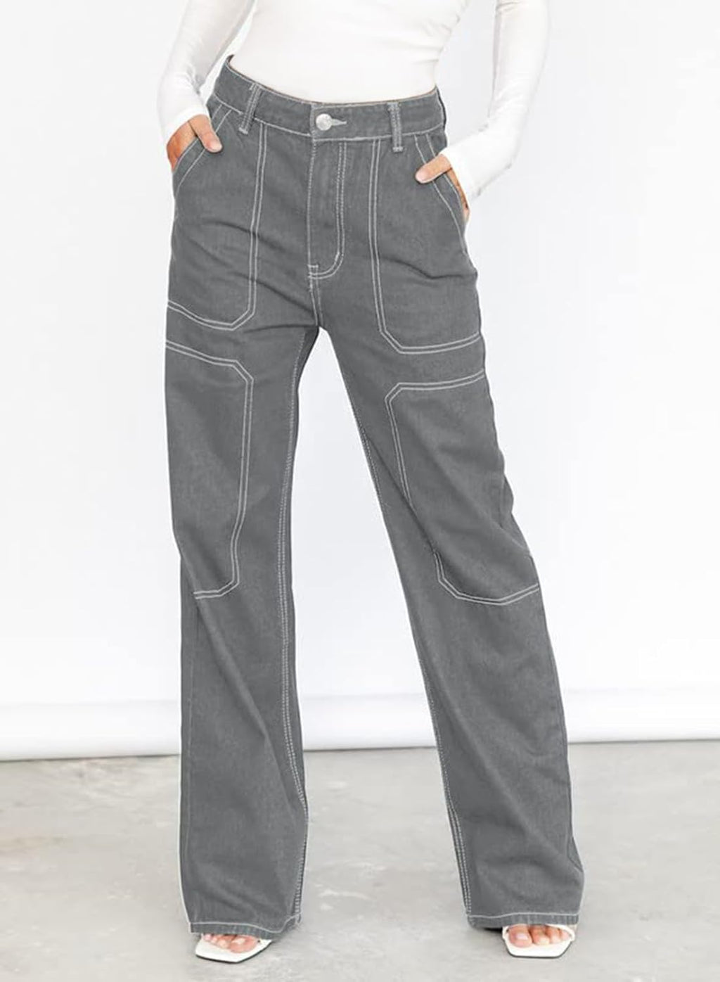 Dokotoo Women's Casual Mid Waist Cargo Jeans Stretch Wide Leg Denim Pants with Pockets