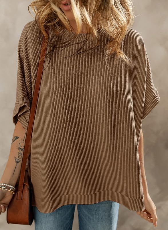 Dokotoo Women's Casual Oversized Short Sleeve Solid Color Loose Texture Knit Tunic Tops Blouses