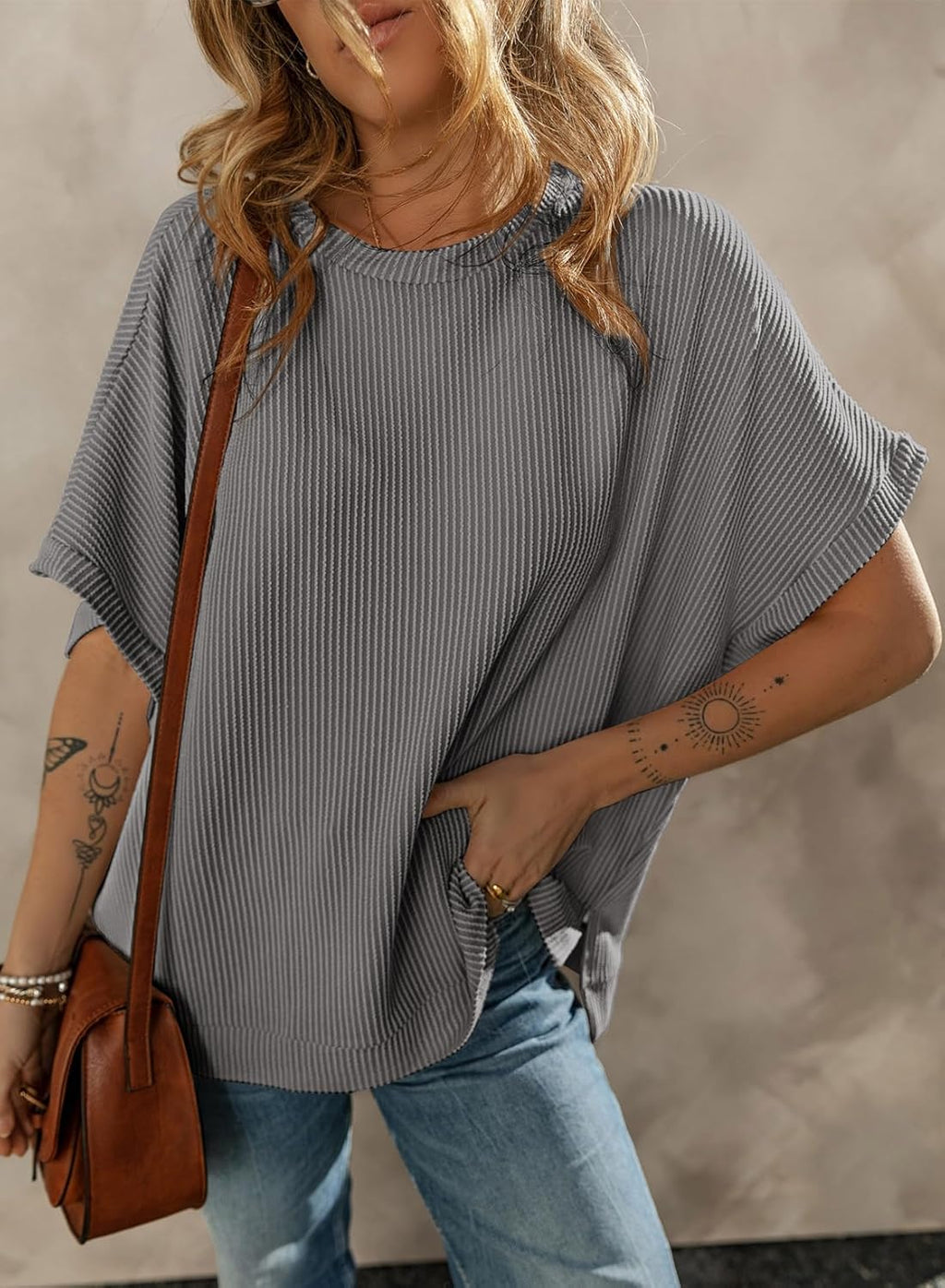 Dokotoo Women's Casual Oversized Short Sleeve Solid Color Loose Texture Knit Tunic Tops Blouses