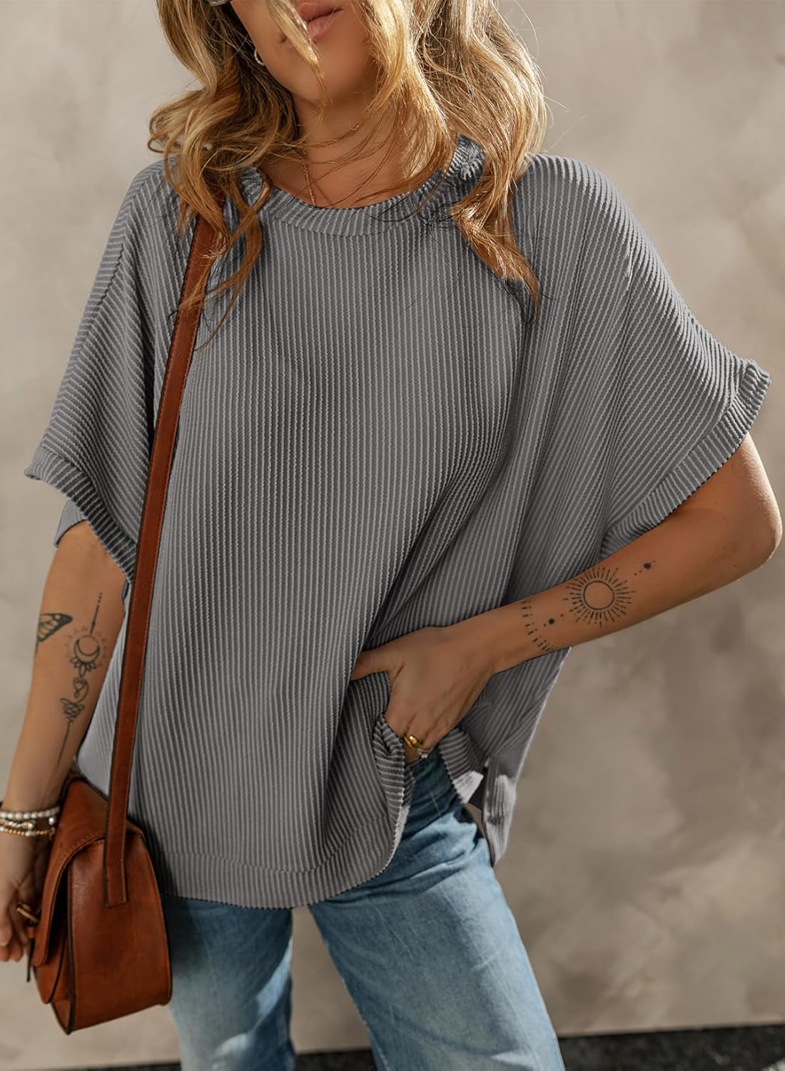 Dokotoo Women's Casual Oversized Short Sleeve Solid Color Loose Texture Knit Tunic Tops Blouses