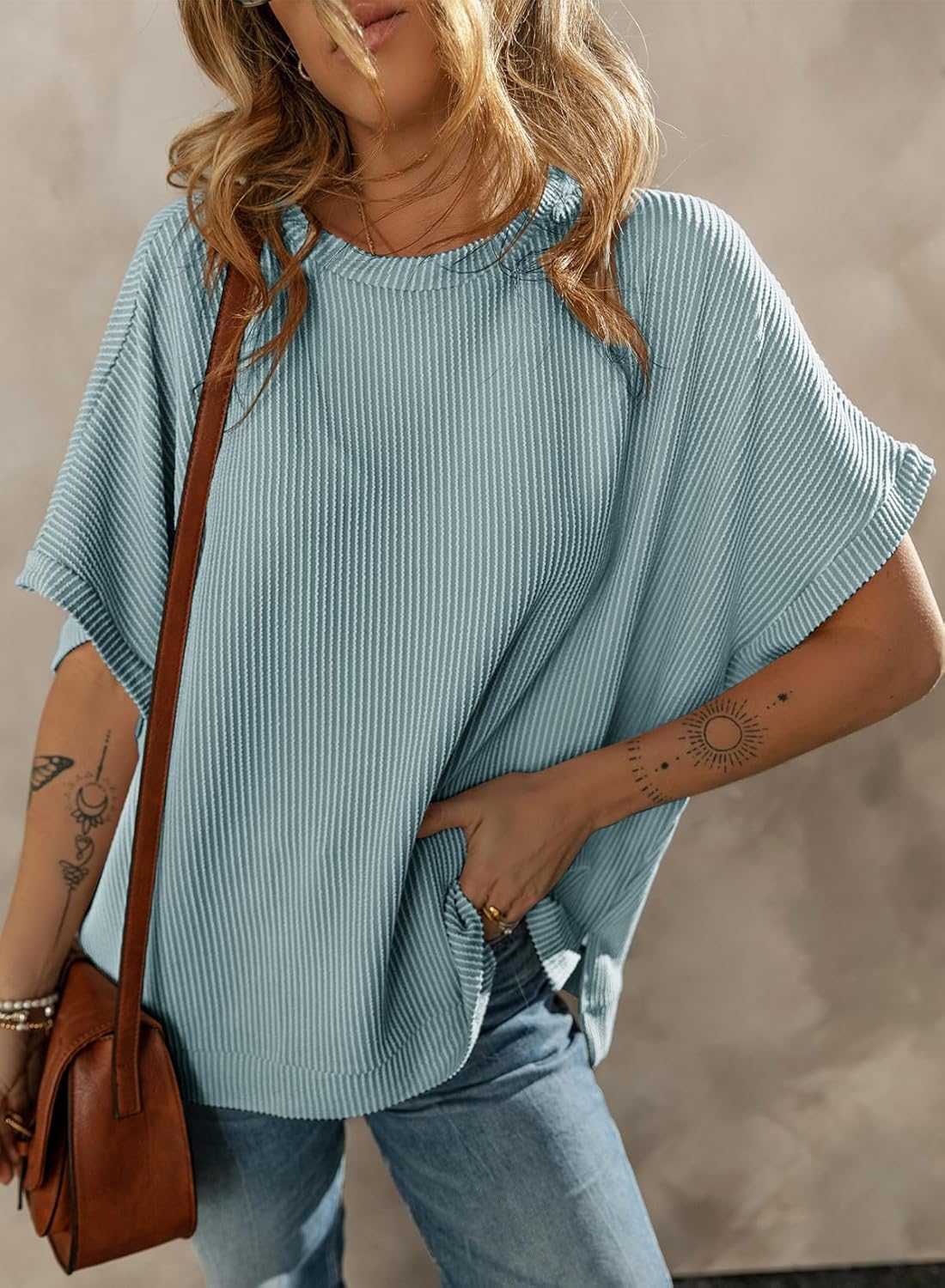 Dokotoo Women's Casual Oversized Short Sleeve Solid Color Loose Texture Knit Tunic Tops Blouses