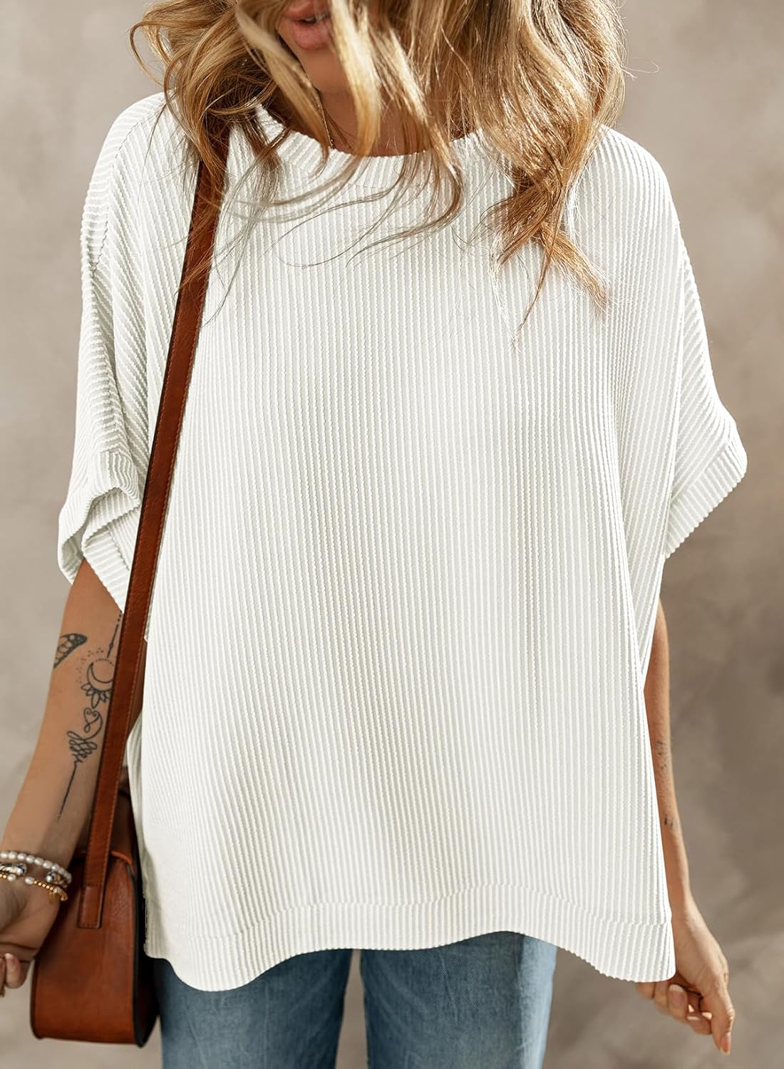 Dokotoo Women's Casual Oversized Short Sleeve Solid Color Loose Texture Knit Tunic Tops Blouses