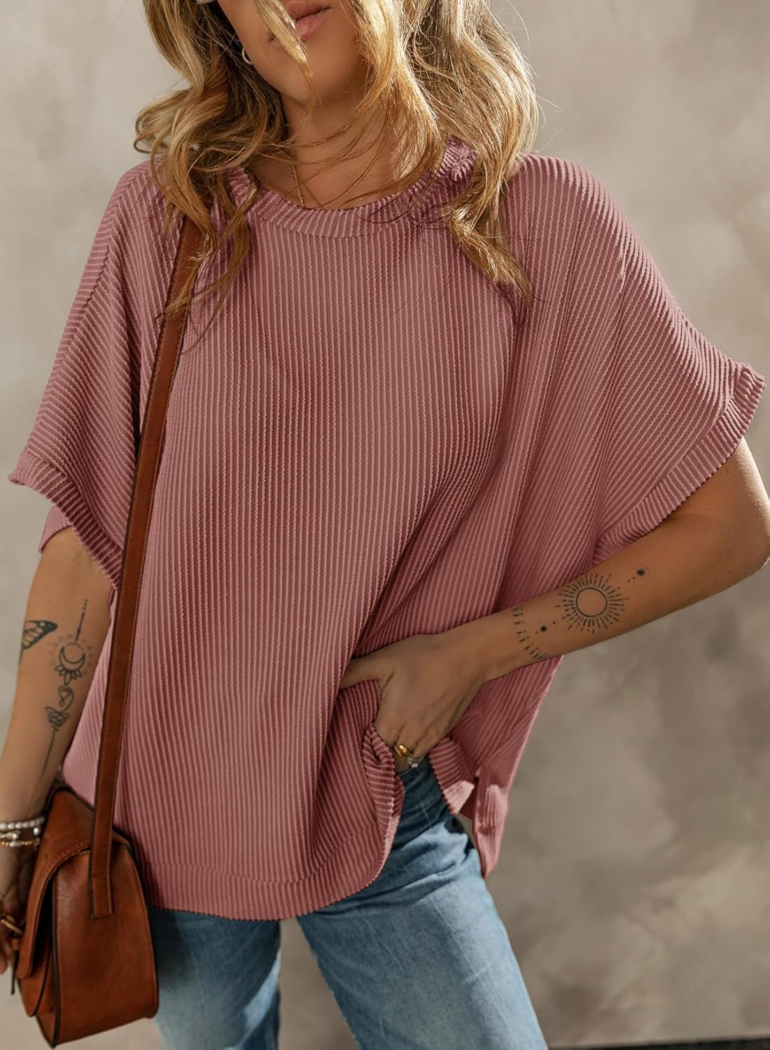 Dokotoo Women's Casual Oversized Short Sleeve Solid Color Loose Texture Knit Tunic Tops Blouses