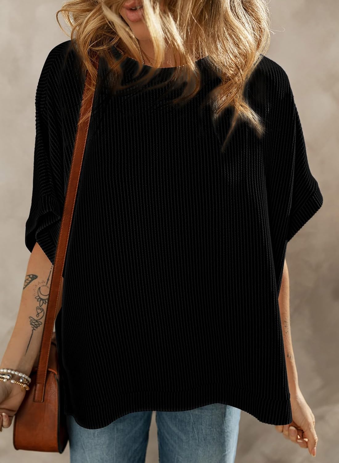 Dokotoo Women's Casual Oversized Short Sleeve Solid Color Loose Texture Knit Tunic Tops Blouses