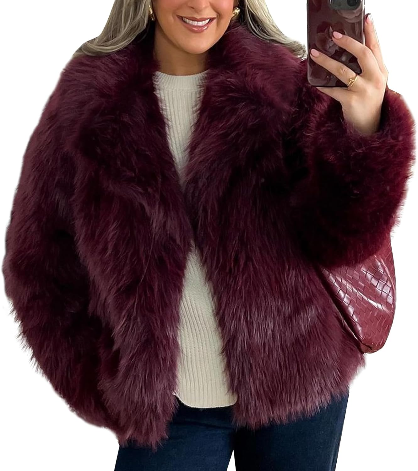 Flygo Women's Faux Fur Coat Fluffy Faux Fur Jacket Long Sleeve Lapel Furry Winter Jackets Shaggy Parka Short Coat