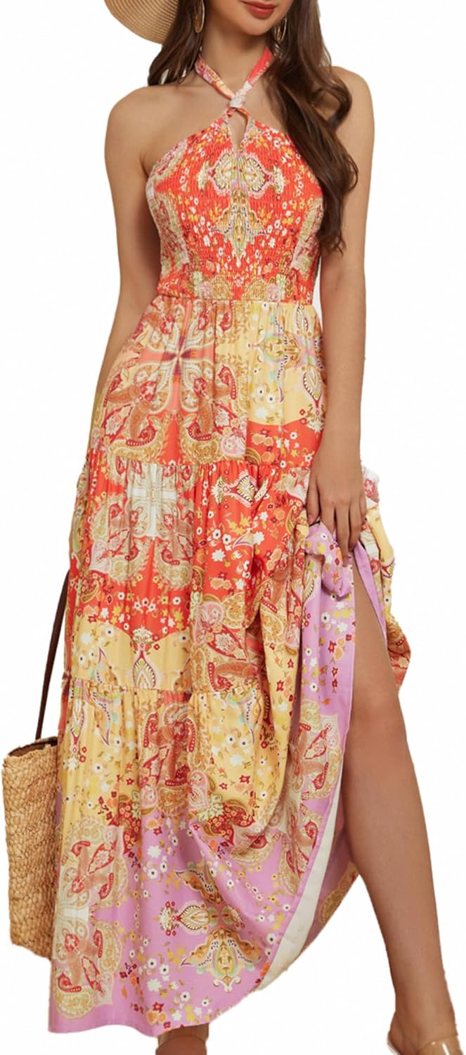 GRACE KARIN Women's Summer Dresses 2025 Halter Neck Sleeveless Smocked Backless Cut Out Floral Flowy A Line Maxi Dress