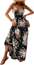 MakeMeChic Women's Boho V Neck Sleeveless Maxi Sundress Floral Print Criss Cross Backless Flare Cami Dress