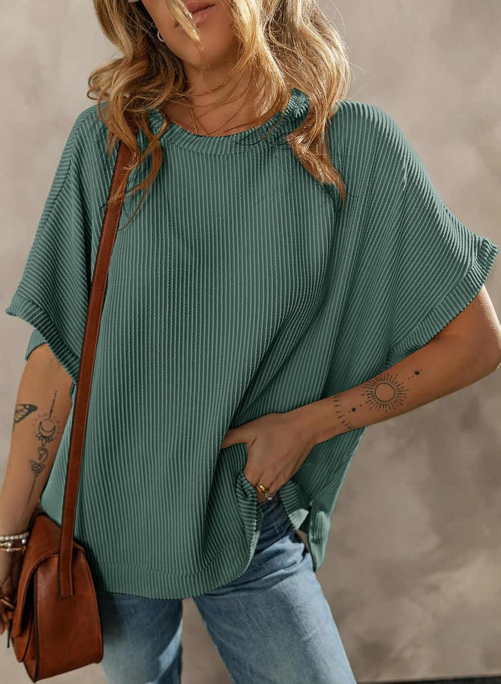 Dokotoo Women's Casual Oversized Short Sleeve Solid Color Loose Texture Knit Tunic Tops Blouses