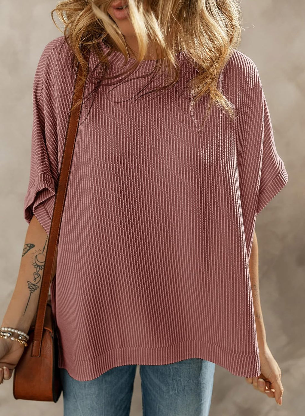 Dokotoo Women's Casual Oversized Short Sleeve Solid Color Loose Texture Knit Tunic Tops Blouses