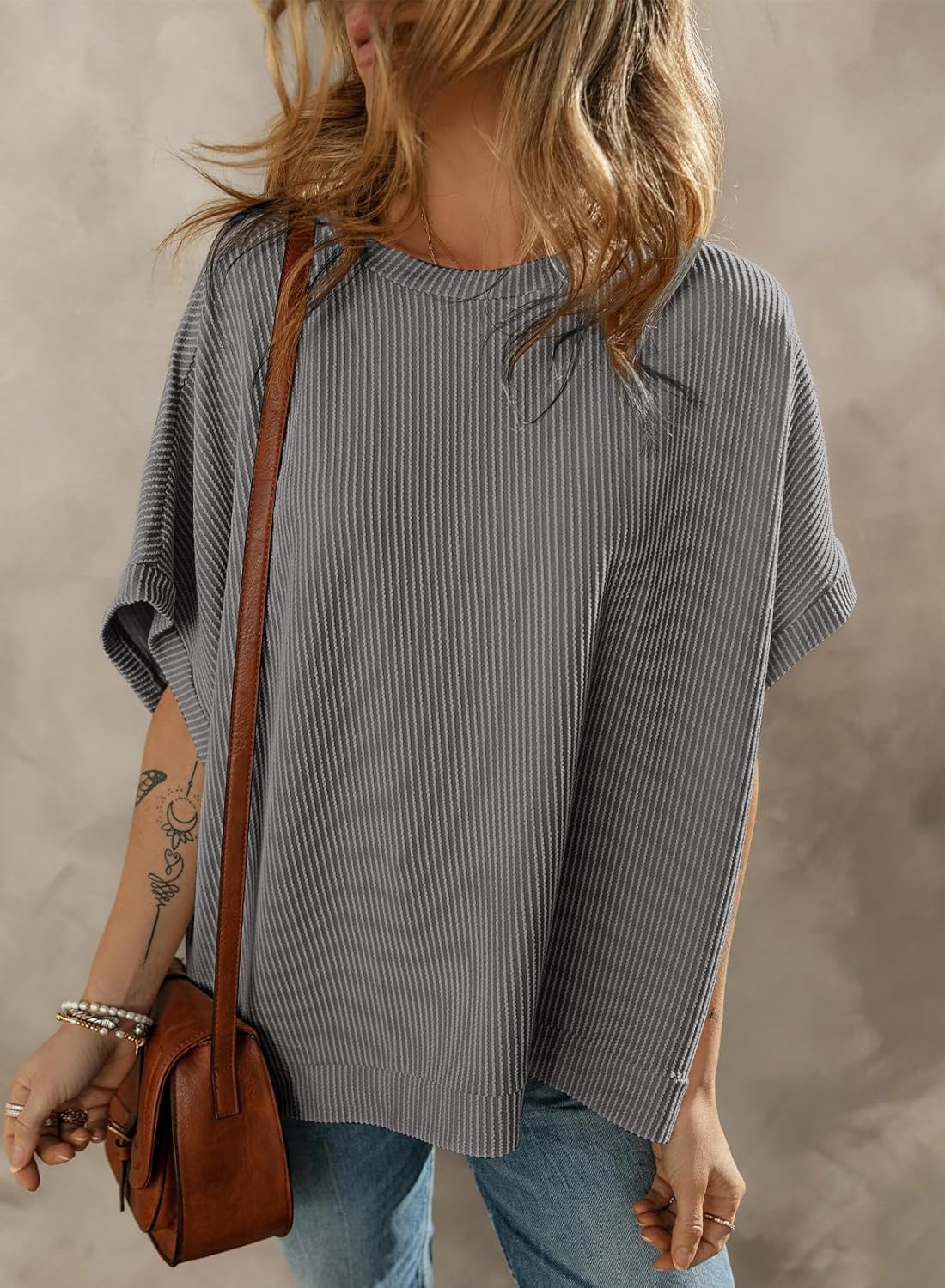 Dokotoo Women's Casual Oversized Short Sleeve Solid Color Loose Texture Knit Tunic Tops Blouses