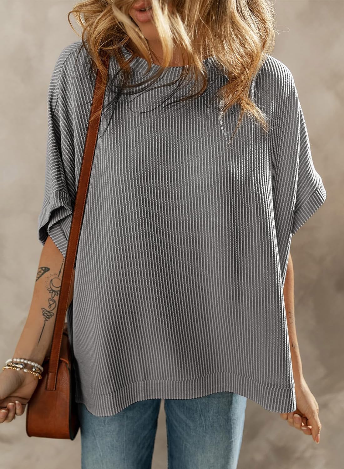 Dokotoo Women's Casual Oversized Short Sleeve Solid Color Loose Texture Knit Tunic Tops Blouses