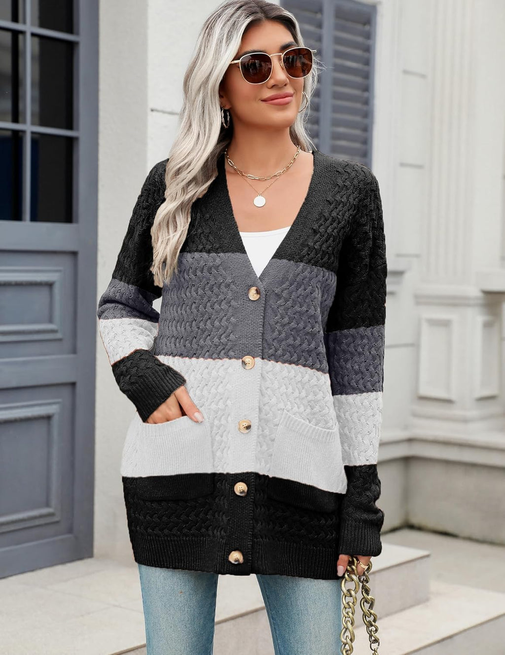 Zeagoo Womens 2024 Long Sleeve Chunky Cable Knit Fall Cardigans Sweaters Button Down Open Front Outerwear with Pockets