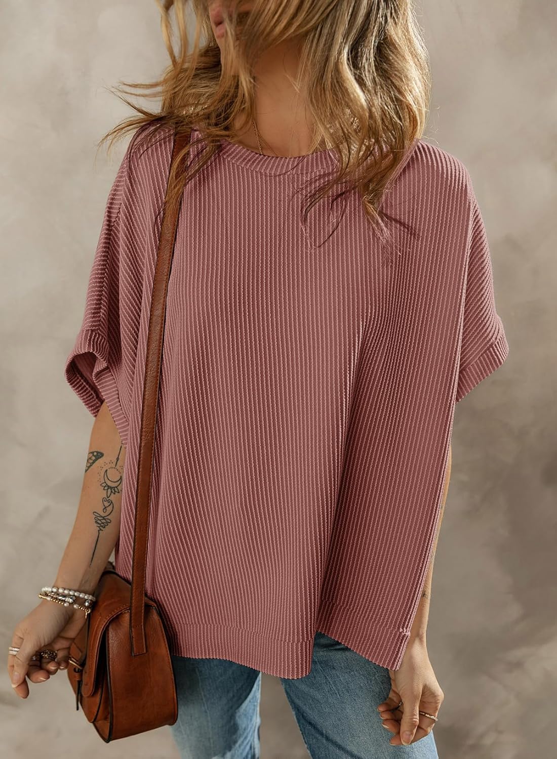 Dokotoo Women's Casual Oversized Short Sleeve Solid Color Loose Texture Knit Tunic Tops Blouses