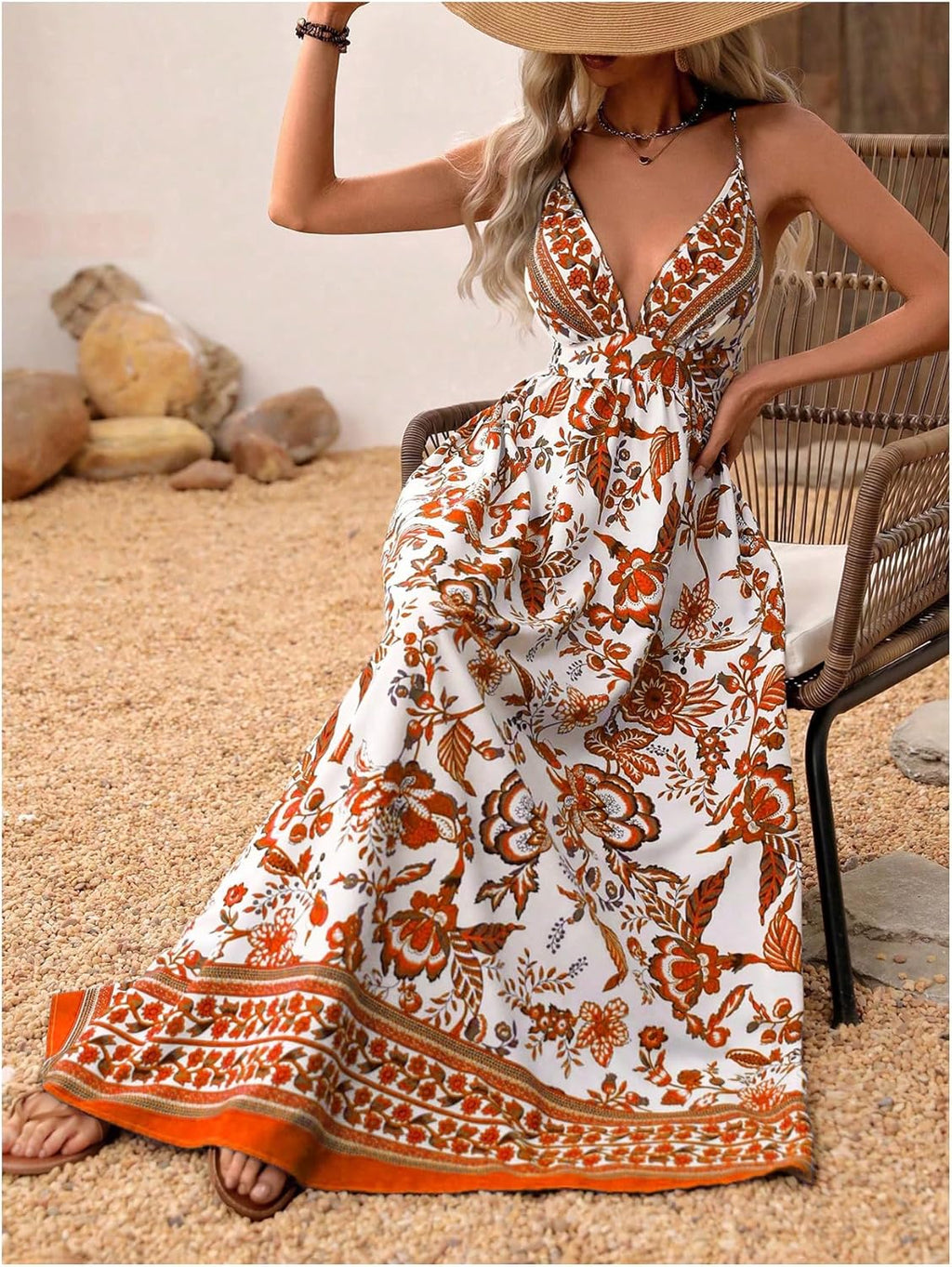 MakeMeChic Women's Boho V Neck Sleeveless Maxi Sundress Floral Print Criss Cross Backless Flare Cami Dress
