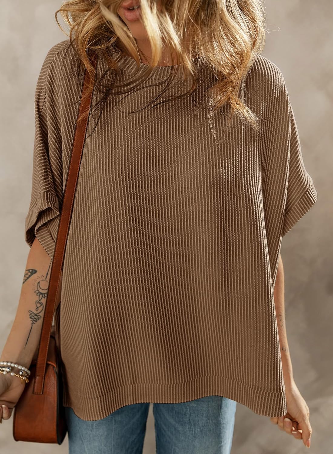 Dokotoo Women's Casual Oversized Short Sleeve Solid Color Loose Texture Knit Tunic Tops Blouses