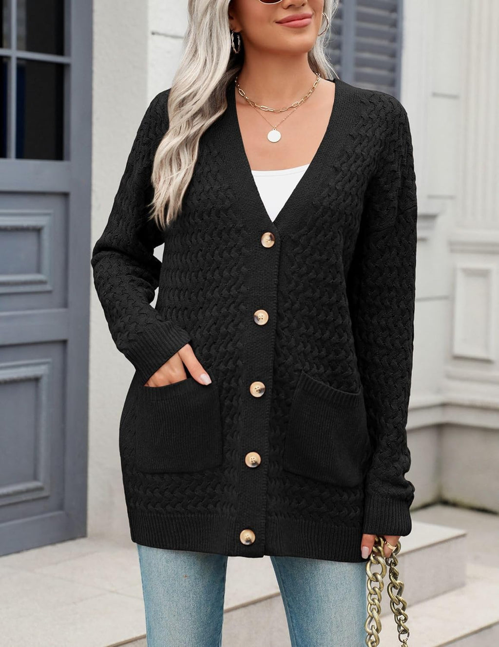 Zeagoo Womens 2024 Long Sleeve Chunky Cable Knit Fall Cardigans Sweaters Button Down Open Front Outerwear with Pockets