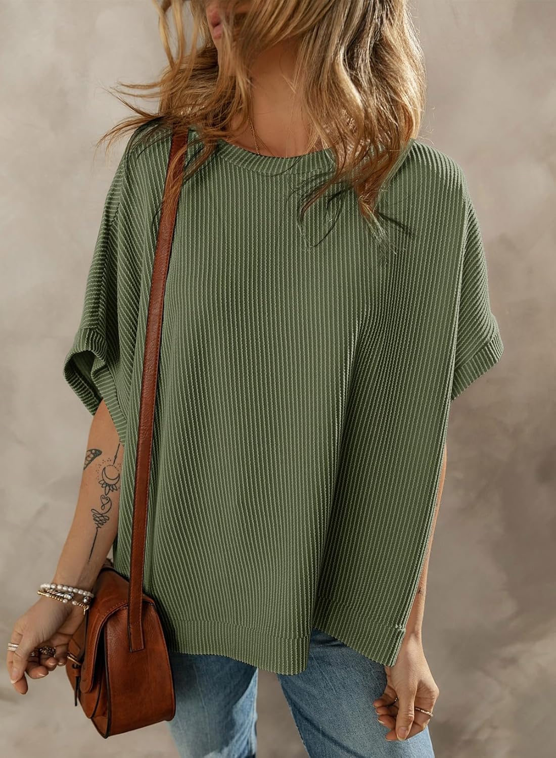 Dokotoo Women's Casual Oversized Short Sleeve Solid Color Loose Texture Knit Tunic Tops Blouses