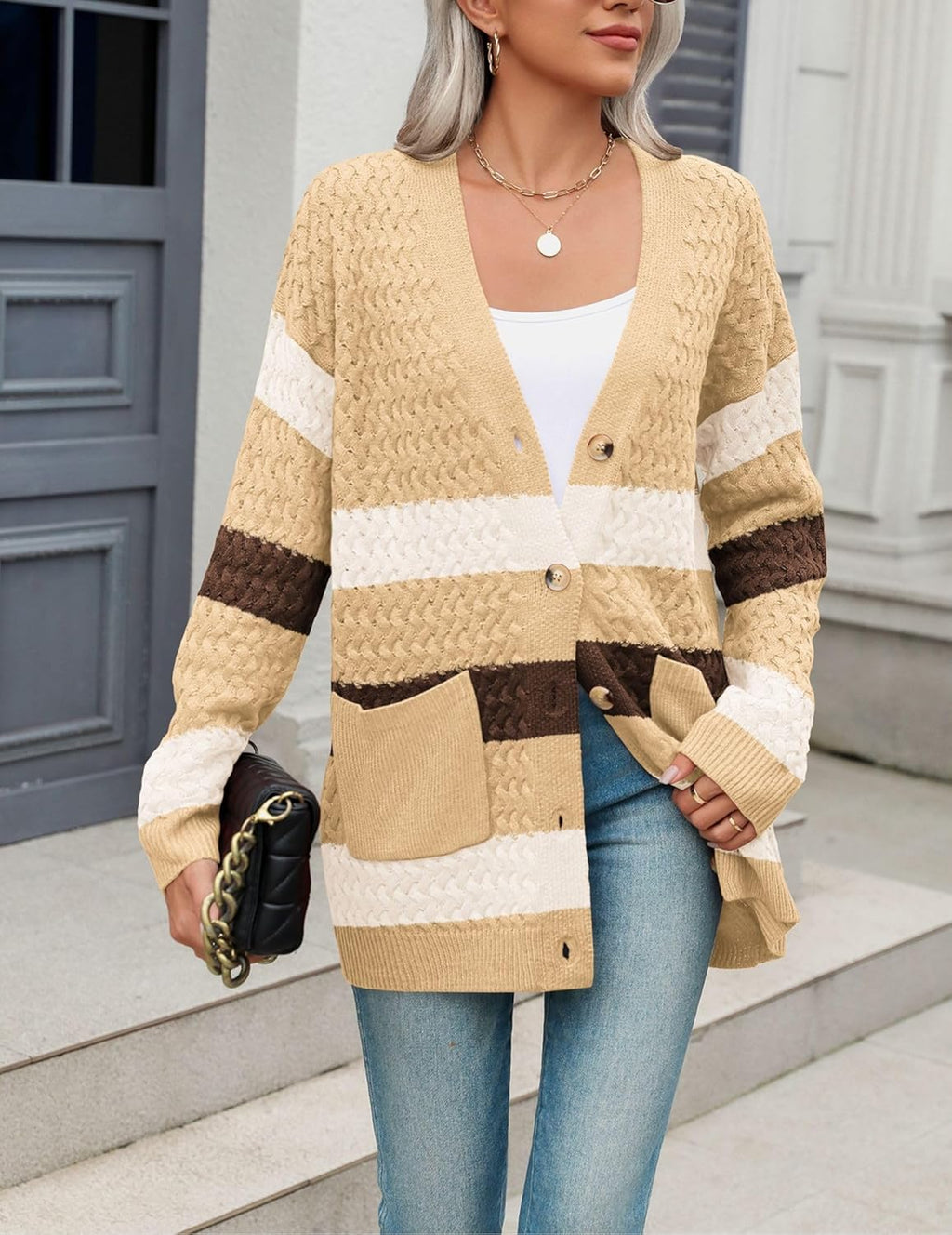 Zeagoo Womens 2024 Long Sleeve Chunky Cable Knit Fall Cardigans Sweaters Button Down Open Front Outerwear with Pockets