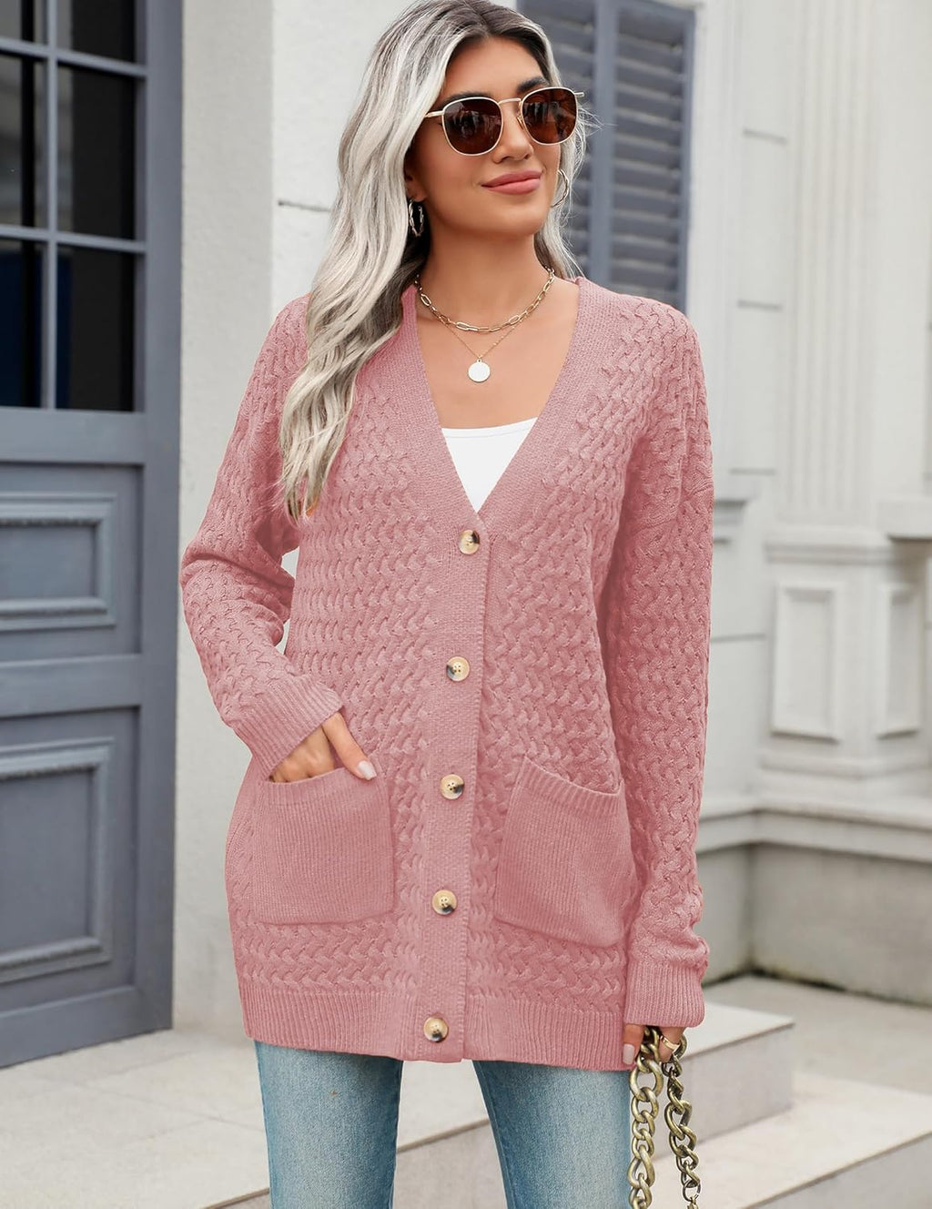 Zeagoo Womens 2024 Long Sleeve Chunky Cable Knit Fall Cardigans Sweaters Button Down Open Front Outerwear with Pockets