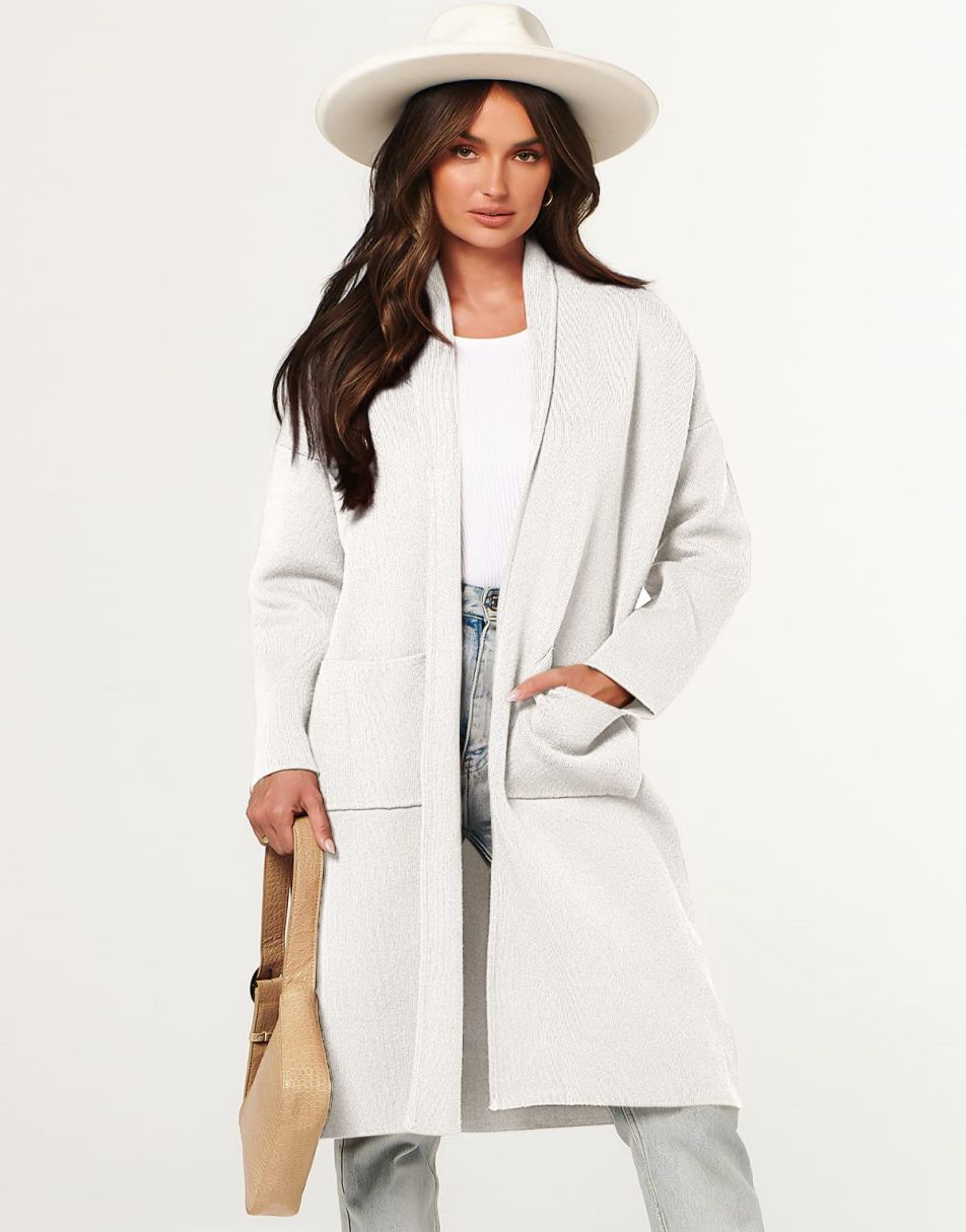 ANRABESS Women's 2023 Fall Cardigan Sweater Long Sleeve Open Front Lapel Coat Casual Knit Coatigan Jacket with Pockets