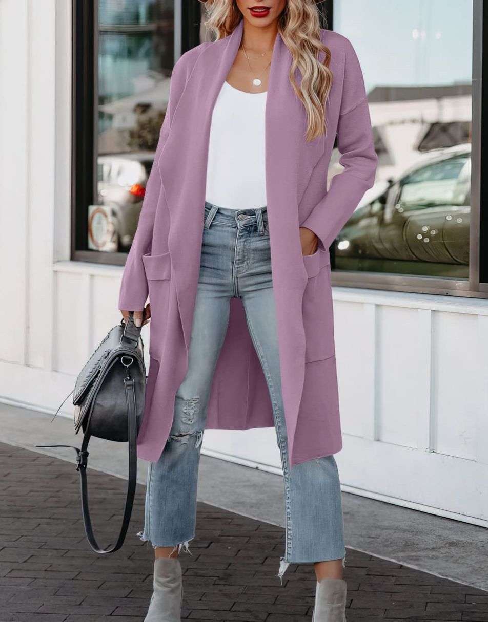 ANRABESS Women's Casual Long Sleeve Draped Open Front Knit Pockets Long Cardigan Jackets Sweater