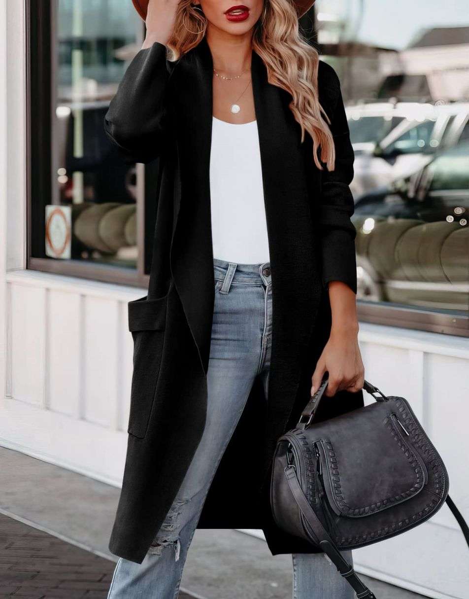 ANRABESS Women's Casual Long Sleeve Draped Open Front Knit Pockets Long Cardigan Jackets Sweater