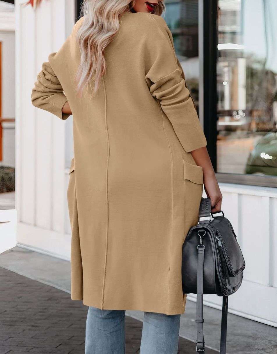 ANRABESS Women's Casual Long Sleeve Draped Open Front Knit Pockets Long Cardigan Jackets Sweater