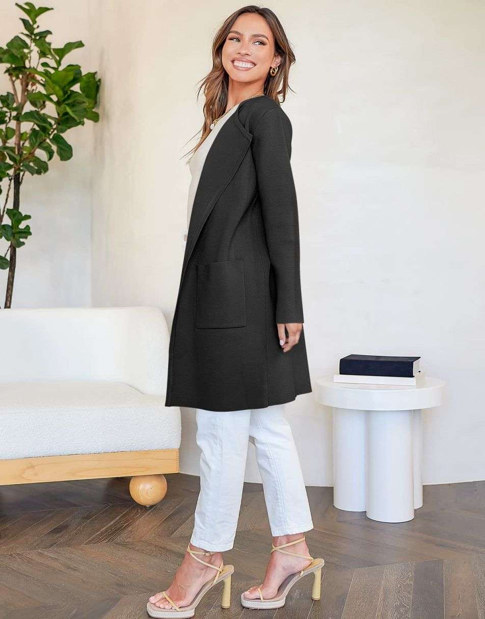ANRABESS Women's Open Front Knit Cardigan Long Sleeve Lapel Casual Solid Classy Sweater Jacket