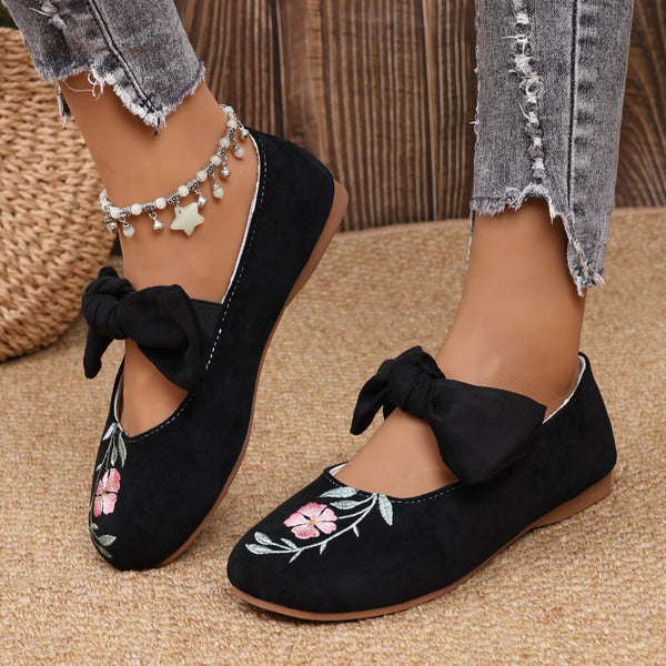 New Embroidered Bow Flat Mary Jane Shoes