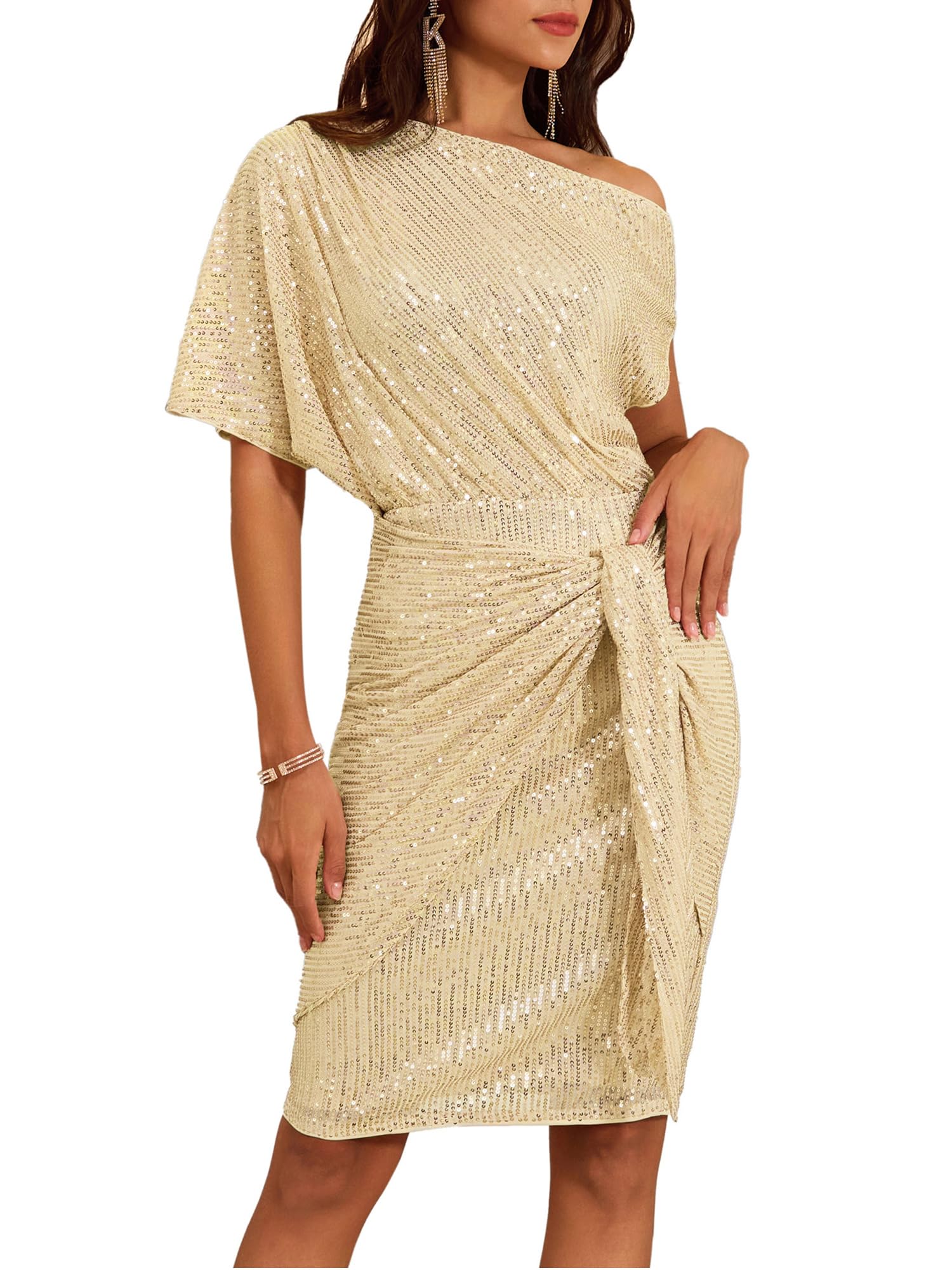⏰Hot Sale-Women's Sequin Sparkly Glitter One Shoulder Ruched Bodycon Dress(Buy 2 Free Shipping)