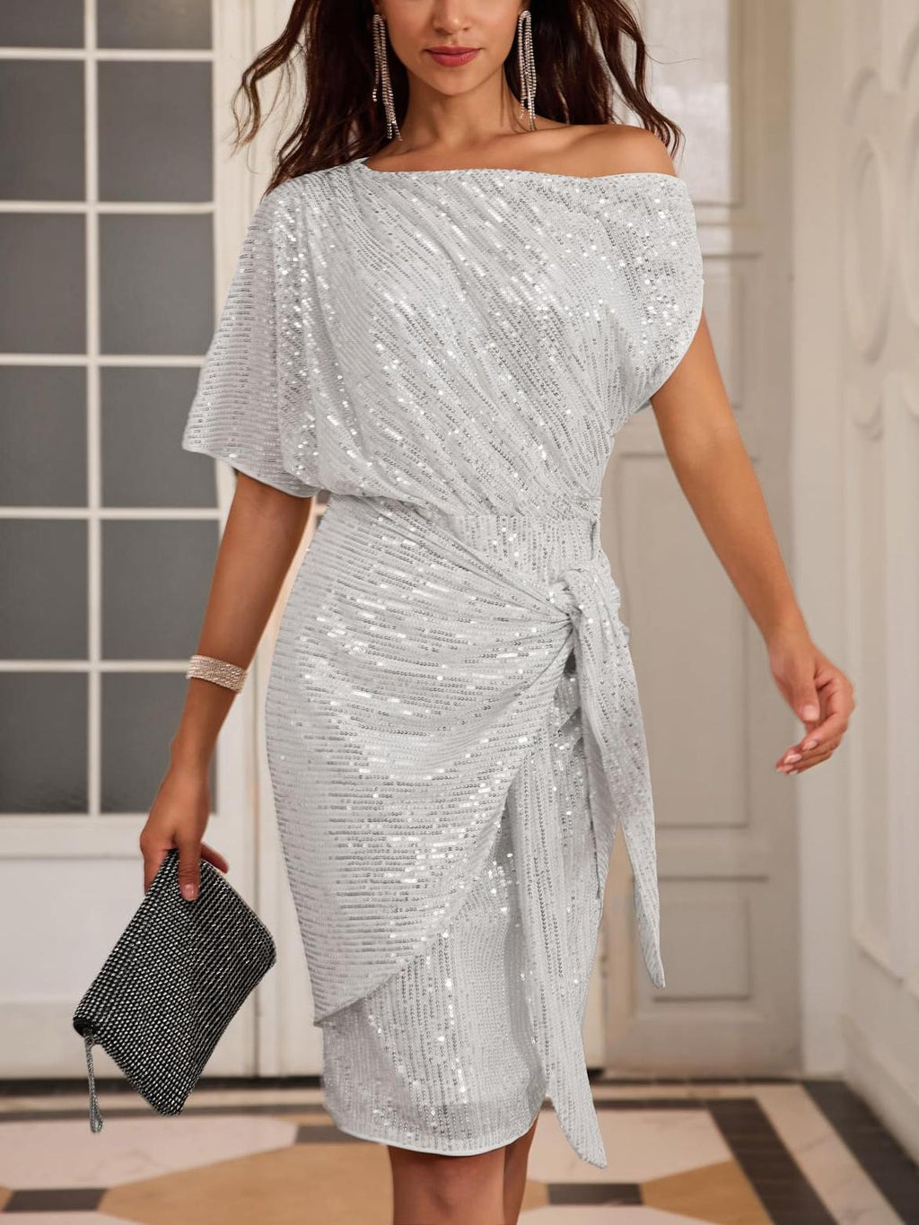 ⏰Hot Sale-Women's Sequin Sparkly Glitter One Shoulder Ruched Bodycon Dress(Buy 2 Free Shipping)