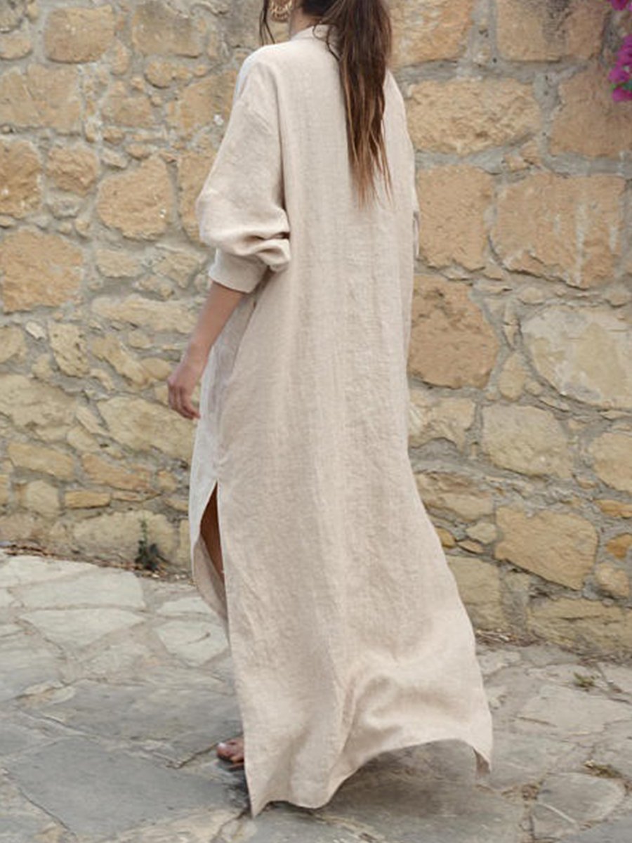 Women's Solid Color Deep V Neck Split Beach Holiday Cotton Linen Dress